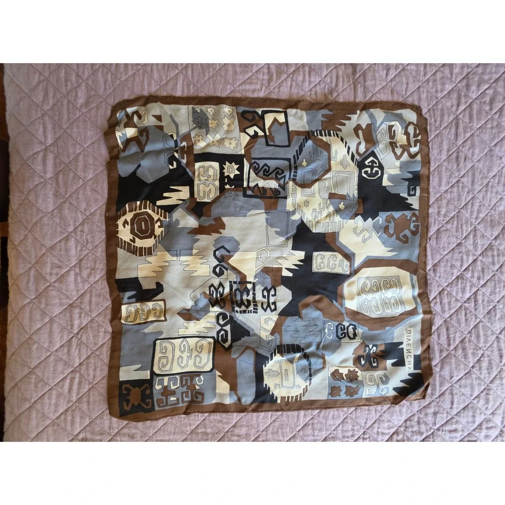 Givenchy VTG Elegant Chic Heritage Logo‎ Geometric Gray Brown Silk Scarf (flaws)